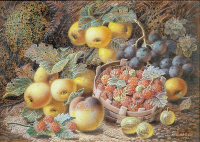 Stillleben mit Äpfeln, Trauben, Himbeeren, Stachelbeeren und Pfirsich von Oliver Clare